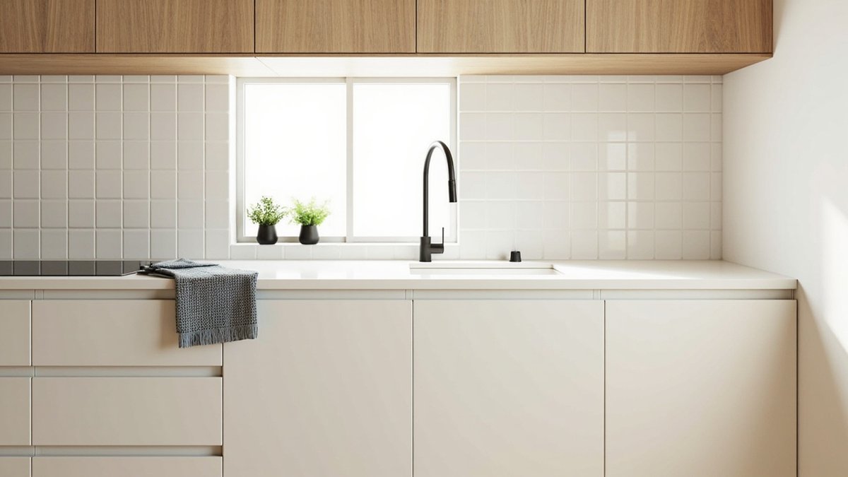 Illustrative concept design: Scandinavian kitchen with white lower doors, pale oak upper doors, white tiles and herbs on the sill