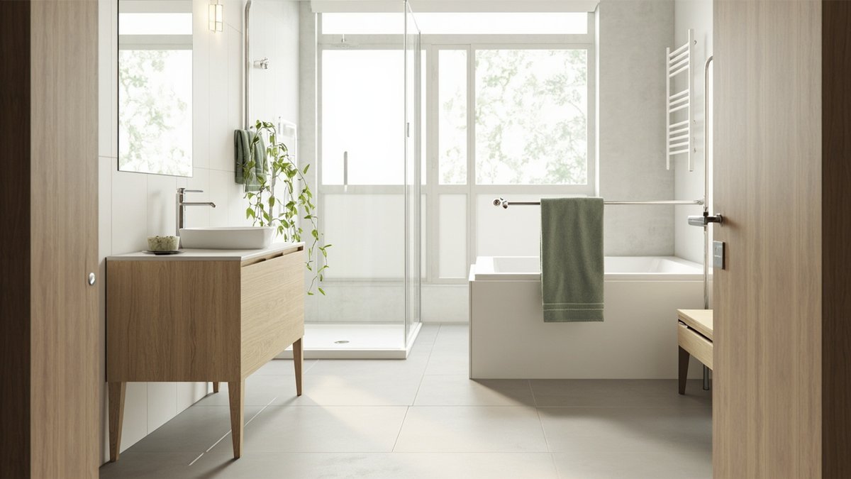 Illustrative concept design: Scandinavian bathroom with a pale oak vanity on tapered legs, sage towels and a white bath