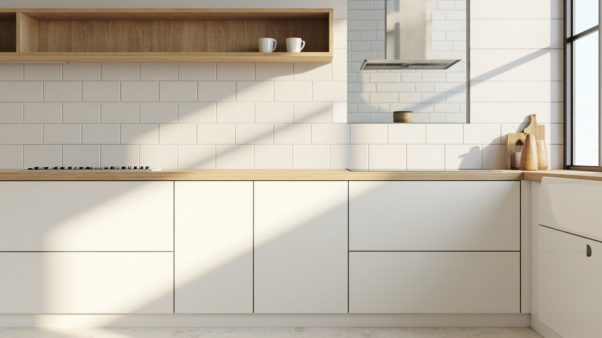 Ilustrasi konsep reka bentuk: dapur putih bentuk L tanpa pemegang dengan table top oak cerah, jubin subway putih dan rak oak terbuka dengan dua cawan