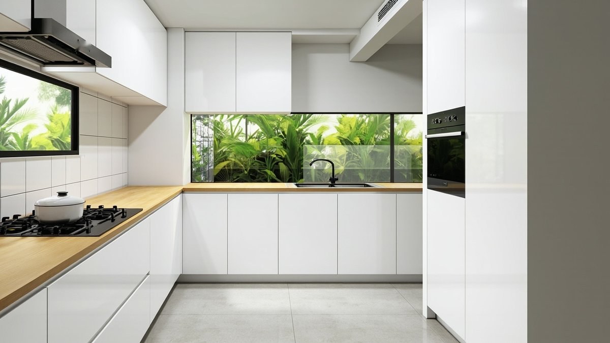 Ilustrasi konsep reka bentuk: dapur kondo berbentuk u dengan kabinet putih berkilat tanpa pemegang, table top oak cerah dan jalur tingkap rendah menghadap tumbuhan tropika