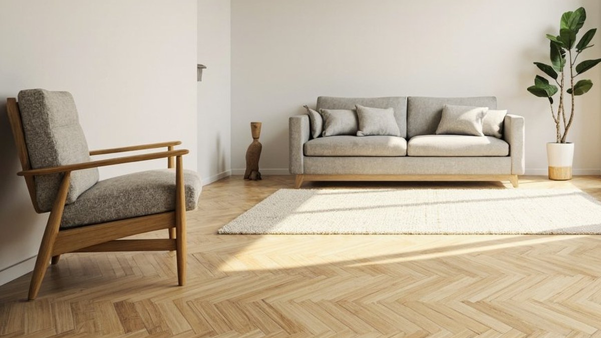 Ilustrasi konsep reka bentuk: lantai herringbone oak cerah dengan permaidani krim, sofa kelabu dan kerusi kayu