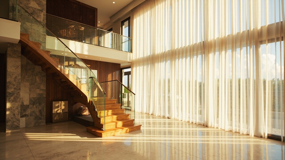 Double-volume living room in a Malaysian semi-D with a feature staircase and tall curtained windows