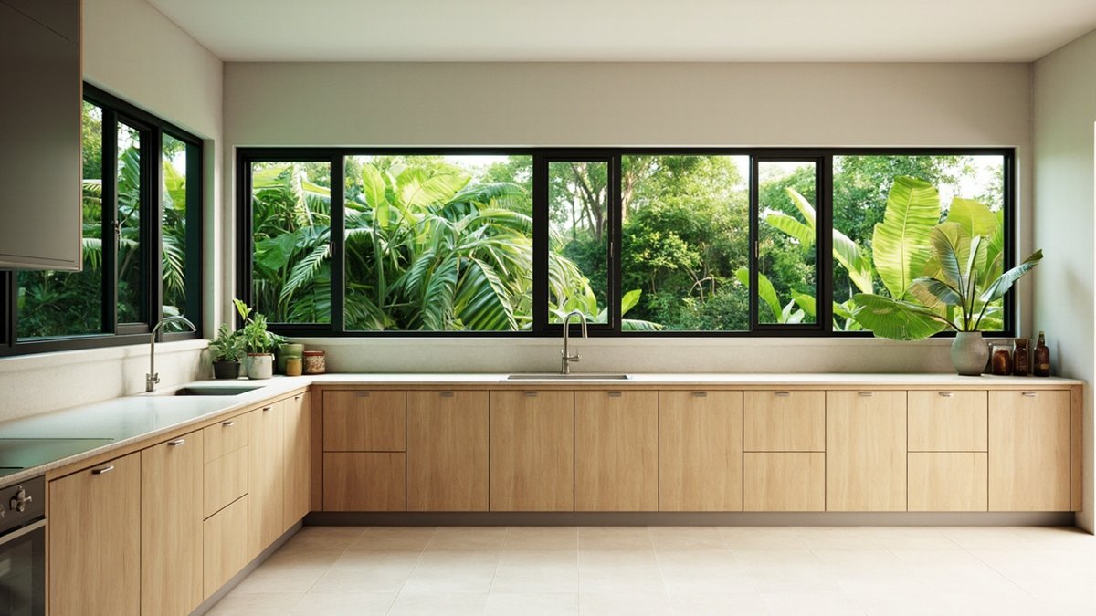 Ilustrasi konsep reka bentuk: dapur L oak cerah di bawah satu tingkap taman panjang berbingkai hitam tanpa kabinet dinding