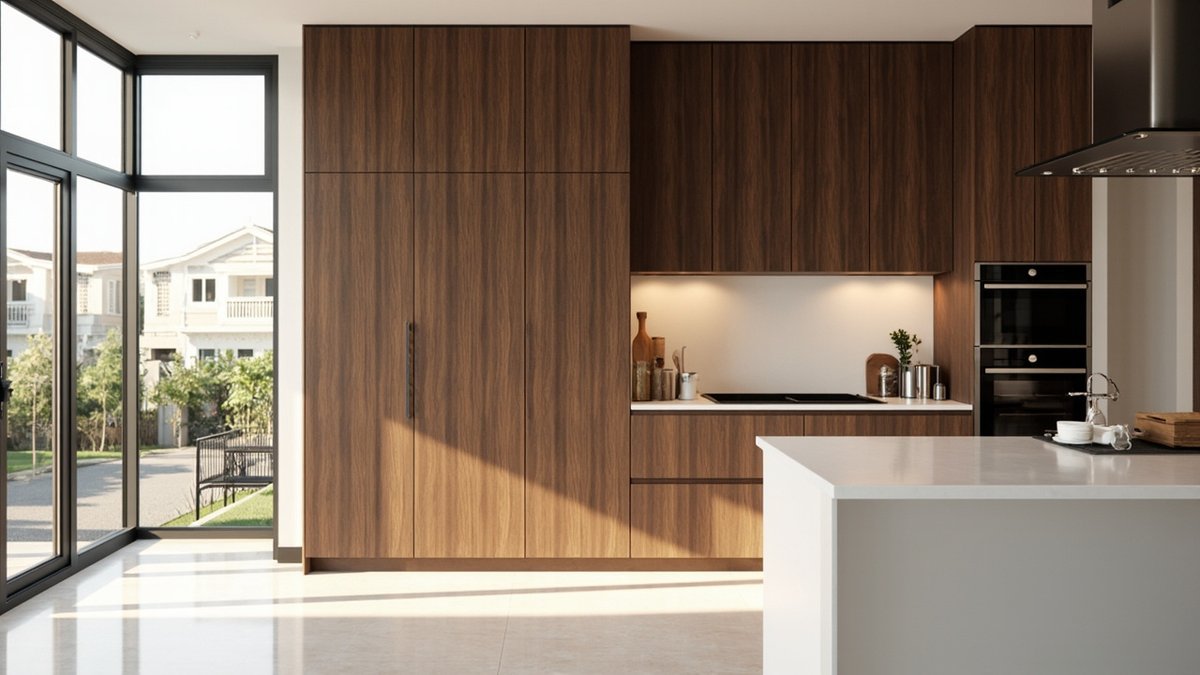 Ilustrasi konsep reka bentuk: dinding kabinet walnut setinggi siling dengan panel tinggi rata, susunan ketuhar dan semenanjung putih