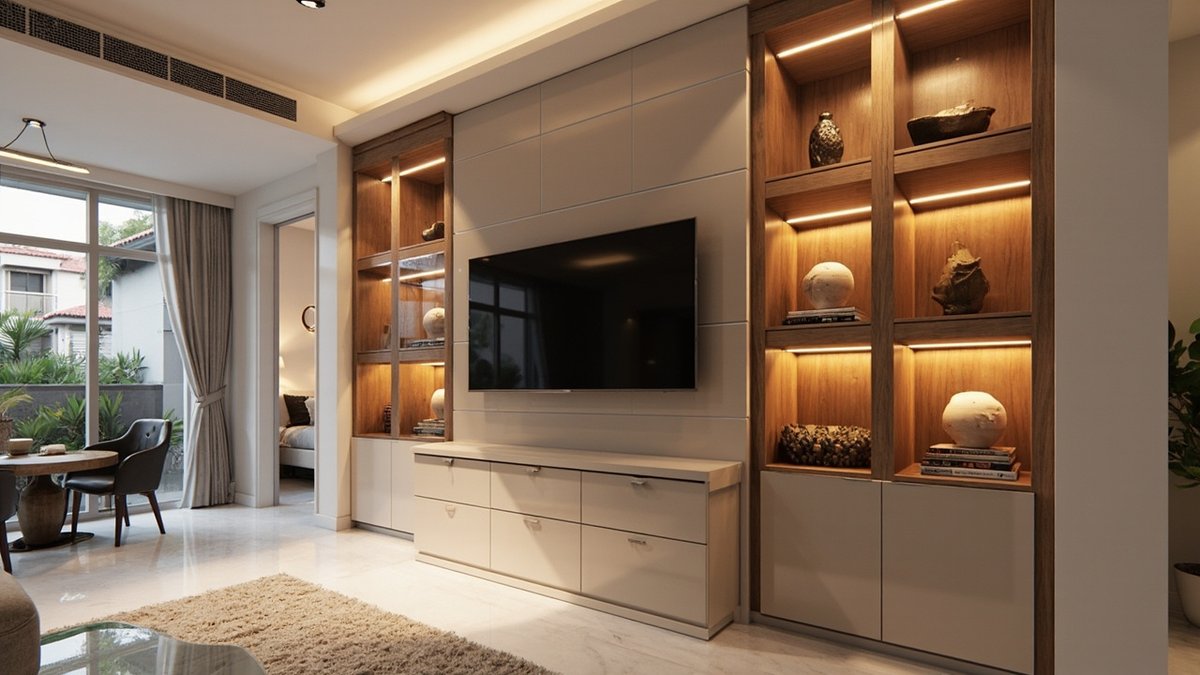 Illustrative concept design: built-in display wall with lit walnut-lined shelves either side of a TV