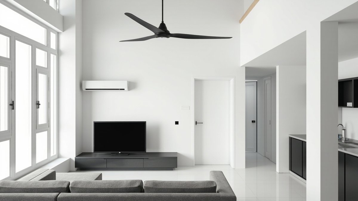 Illustrative concept design: white double-height living room with a black ceiling fan and a wall aircon unit above the TV