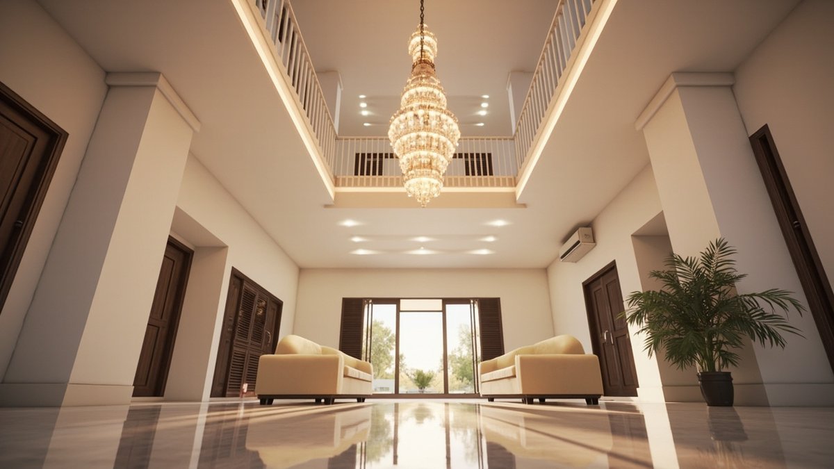 Illustrative concept design: tiered crystal chandelier hanging in a double-height void with a balustraded gallery
