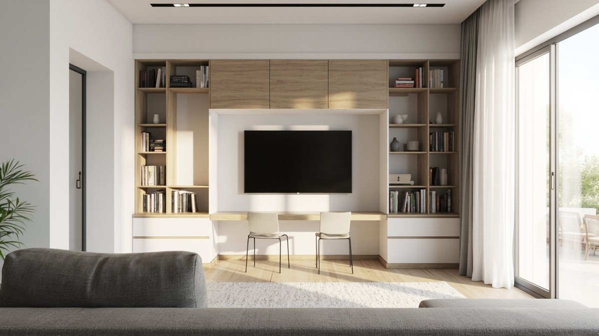 Illustrative concept design: oak and white built-in wall with a TV, bookshelves and a long desk with two chairs