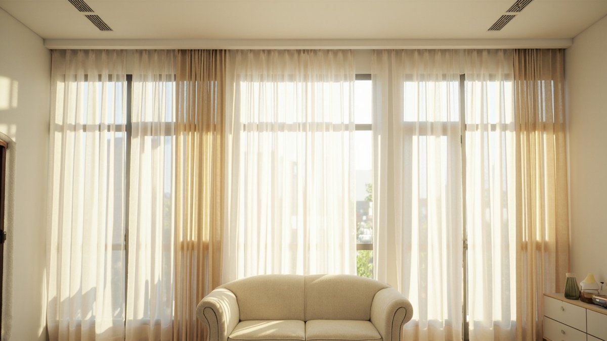 Illustrative concept design: tall windows with full-height sheer and linen curtains behind a cream sofa