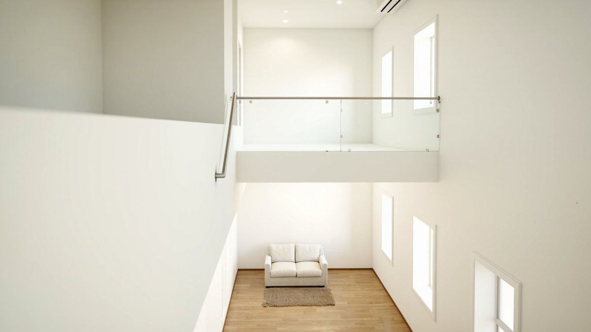 Illustrative concept design: white double-height space with a glass-balustraded landing above a small sofa