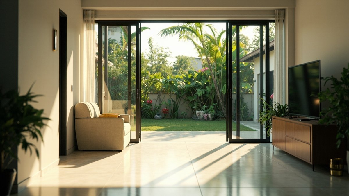 Illustrative concept design: living room with wide black-framed glass sliding doors open onto a lawn and tropical garden