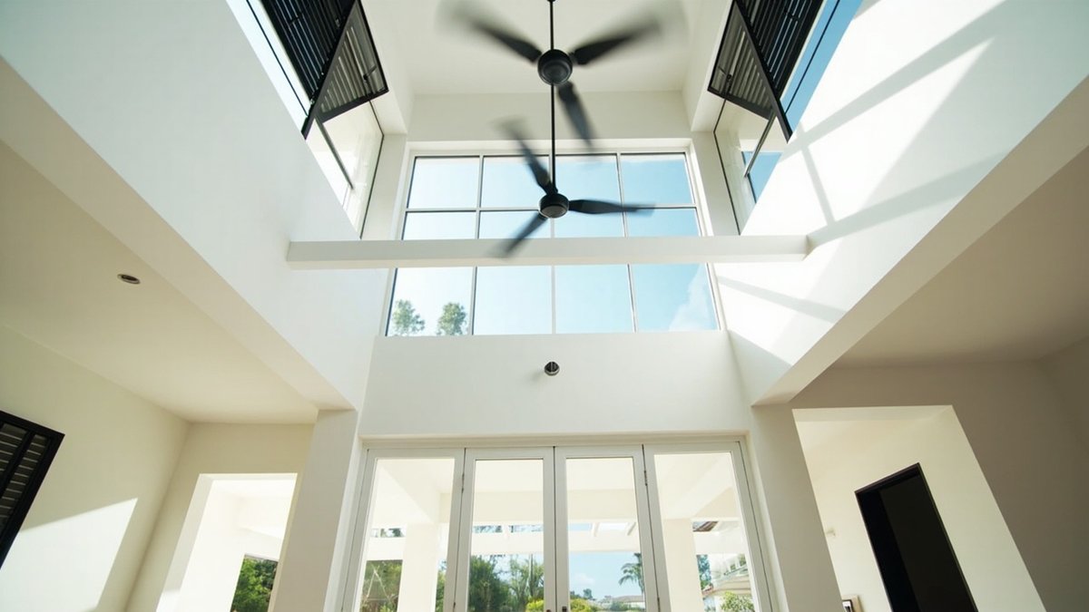 Illustrative concept design: view up a double-height void with high louvred shutter windows and a ceiling fan on a long downrod