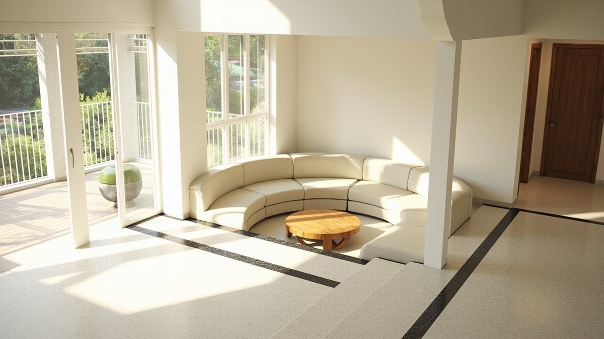 Illustrative concept design: terrazzo-floored living area with a sunken lounge and a cream curved built-in sofa