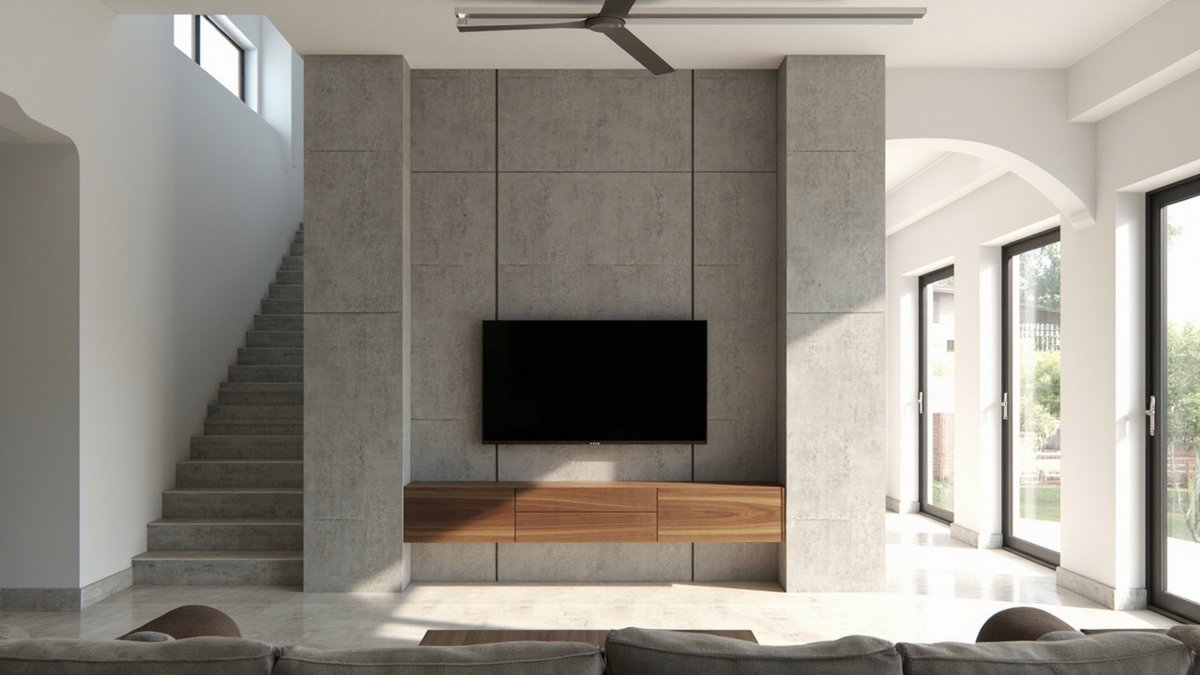 Illustrative concept design: grey concrete-look slab TV wall with a floating walnut console beside the staircase