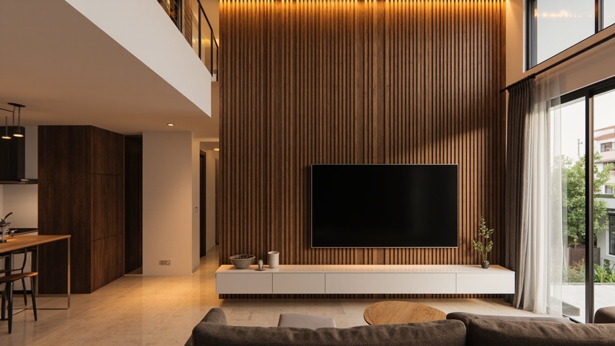 Illustrative concept design: double-height timber slat TV wall with warm top lighting and a white floating console
