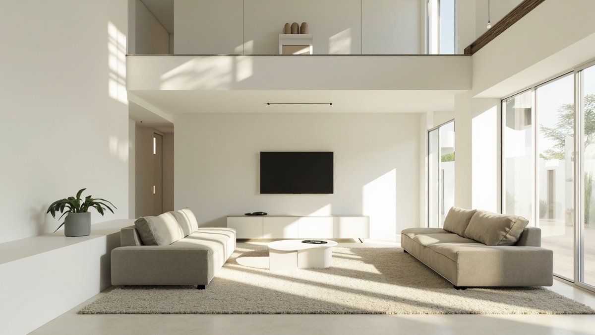 Illustrative concept design: double-height hall with two sofas facing each other on a large rug and a gallery above