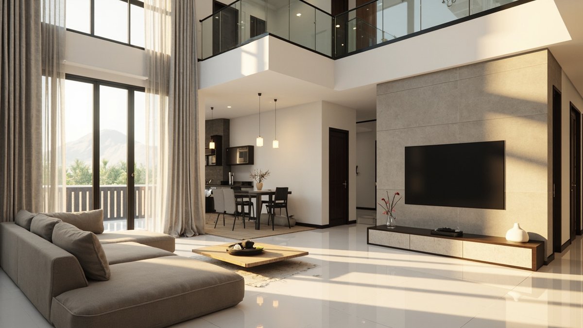 Illustrative concept design: double-volume living hall with a glass-railed gallery above, a stone-look TV wall, tall curtained windows and a grey L-shaped sofa