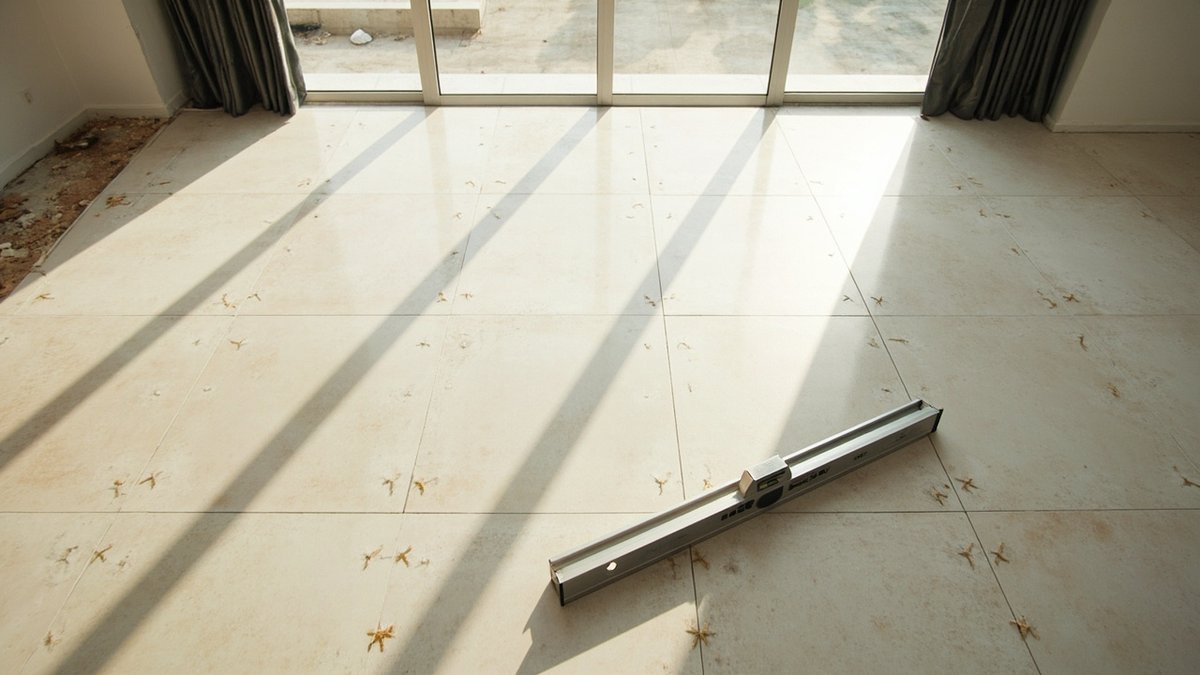 Porcelain flooring being laid inside a spacious Malaysian bungalow living room
