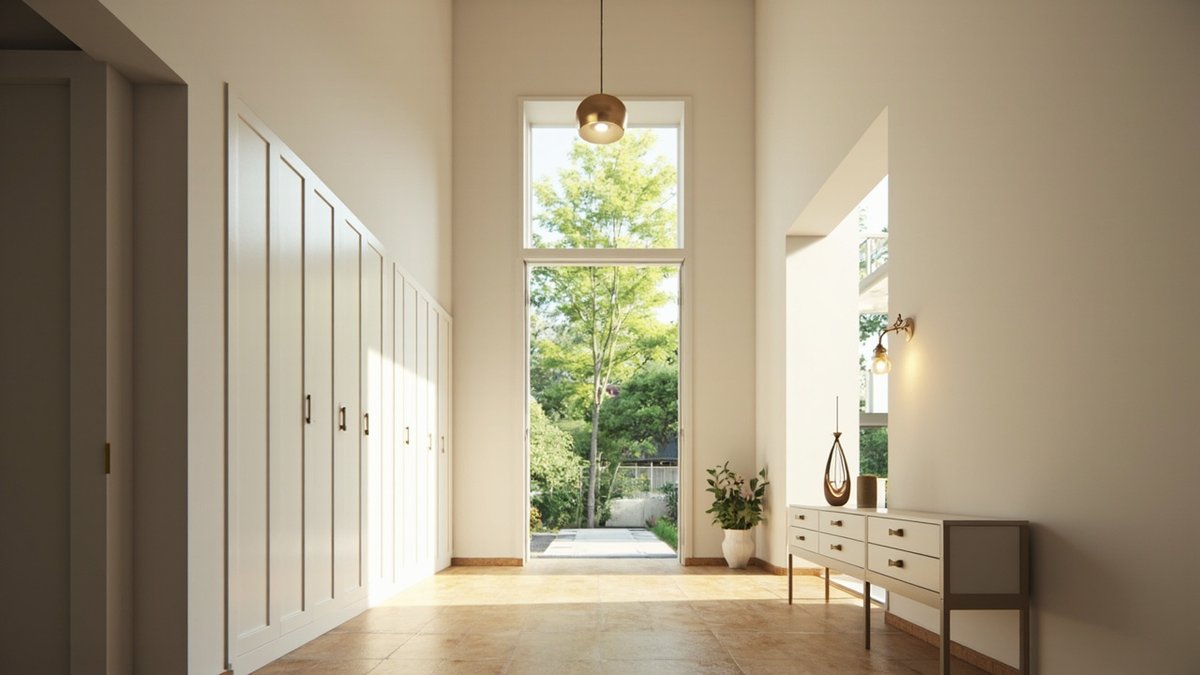 Illustrative concept design: double-height foyer with white shoe cabinets, a brass pendant in the void and a white drawer console