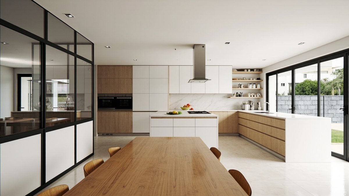 Illustrative concept design: dry show kitchen with a white island seen from a long oak dining table and a black-framed glass partition