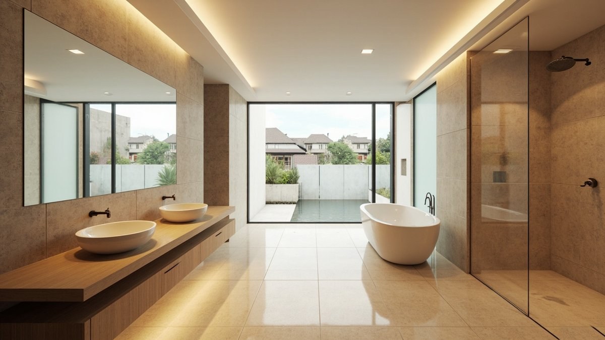 Illustrative concept design: bungalow en-suite with a floating double vanity, a freestanding bath by a tall window and a glass shower