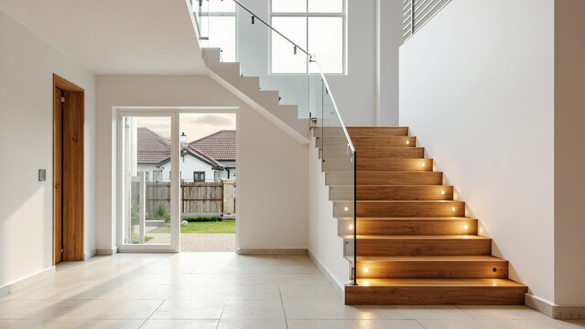 Illustrative concept design: entrance hall staircase with oak-look clad treads, round step lights and a frameless glass balustrade
