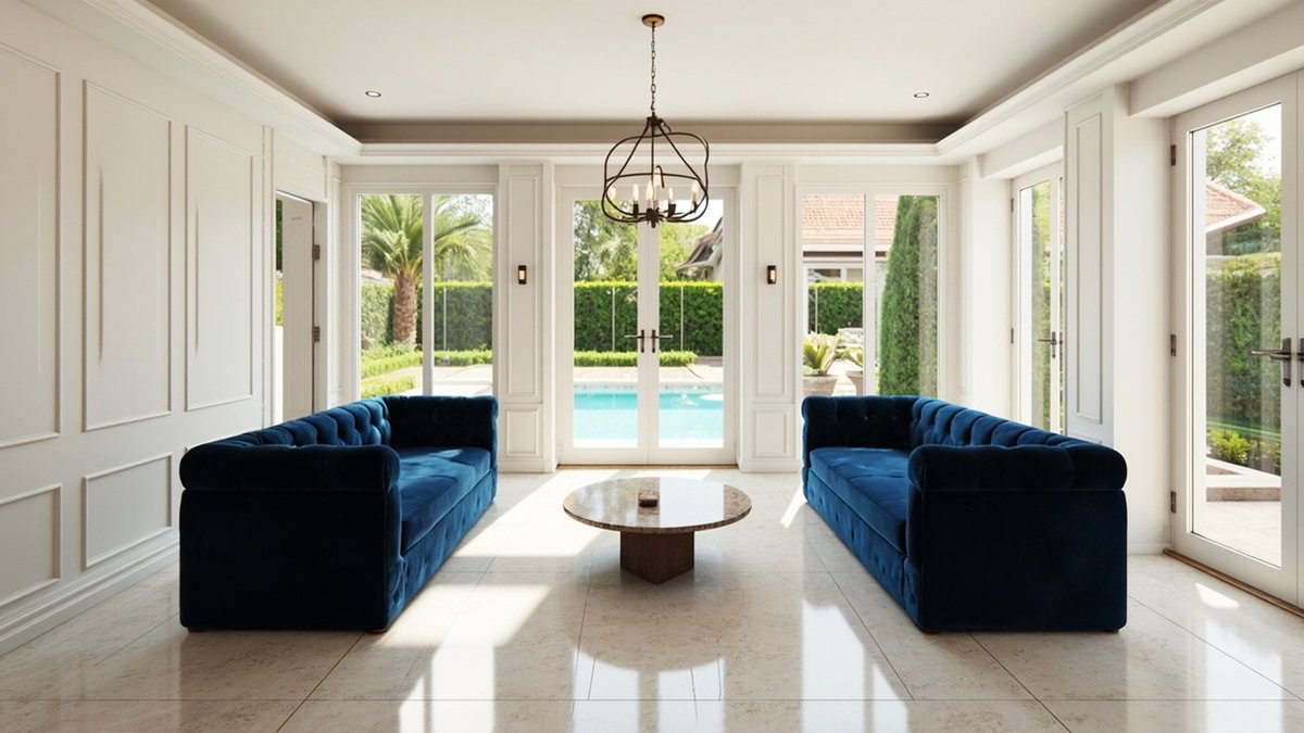 Illustrative concept design: formal bungalow living room with two navy velvet sofas facing each other and ivory moulded walls