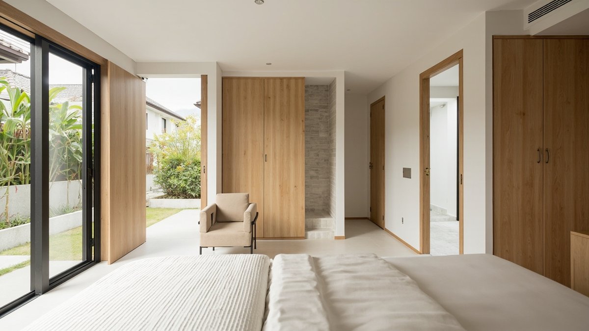 Illustrative concept design: ground-floor guest suite with light oak wardrobes, an open doorway to a bathroom and glass doors to the garden