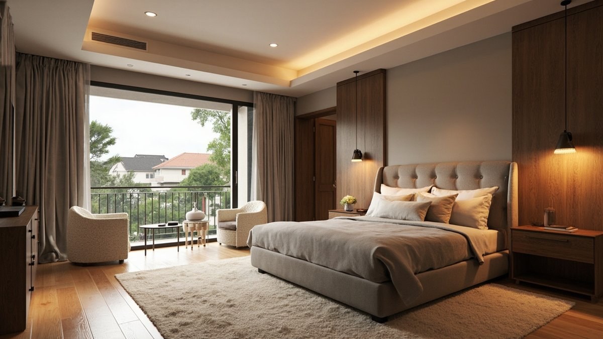 Illustrative concept design: semi-D master suite with a taupe tufted bed and two cream boucle armchairs by the balcony door