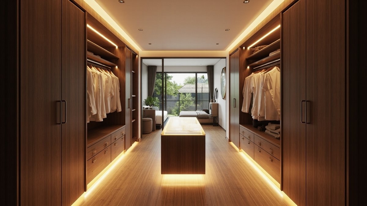 Illustrative concept design: walk-through wardrobe with walnut wardrobes both sides and a lit drawer island in the middle