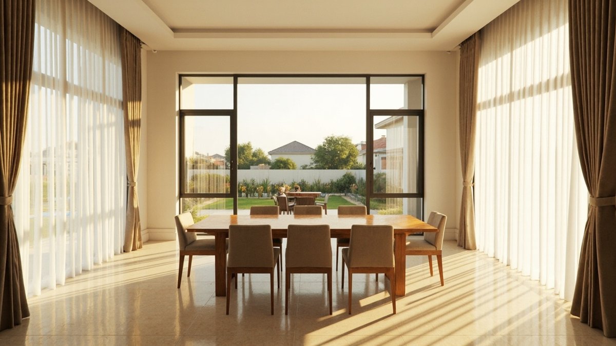 Illustrative concept design: semi-D dining room with full-height white sheers and brown linen curtains filtering low afternoon sun