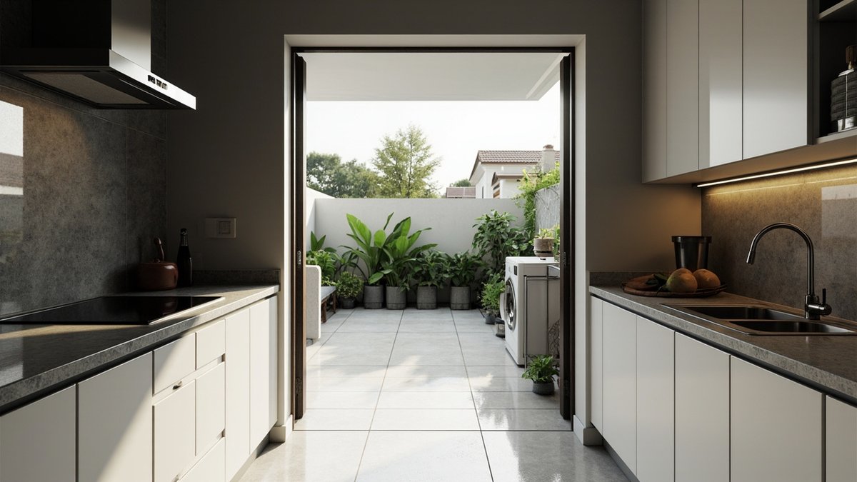 Illustrative concept design: galley wet kitchen with grey worktops and a stainless hood opening onto a tiled yard with a washing machine