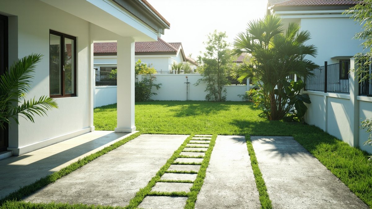Ilustrasi konsep reka bentuk: papak konkrit anjung berjalur rumput dari anjung kereta ke laman berumput