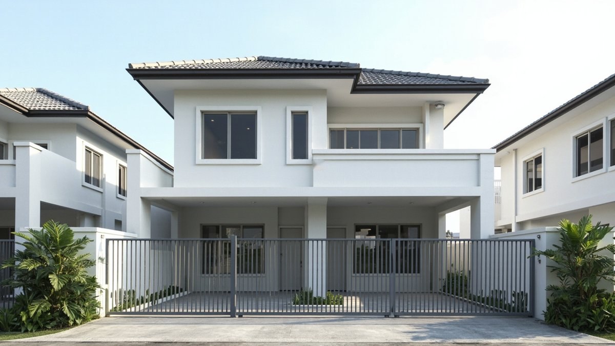 Ilustrasi konsep reka bentuk: rumah dua tingkat putih dengan bilik tingkat atas di atas porch kereta yang lebar