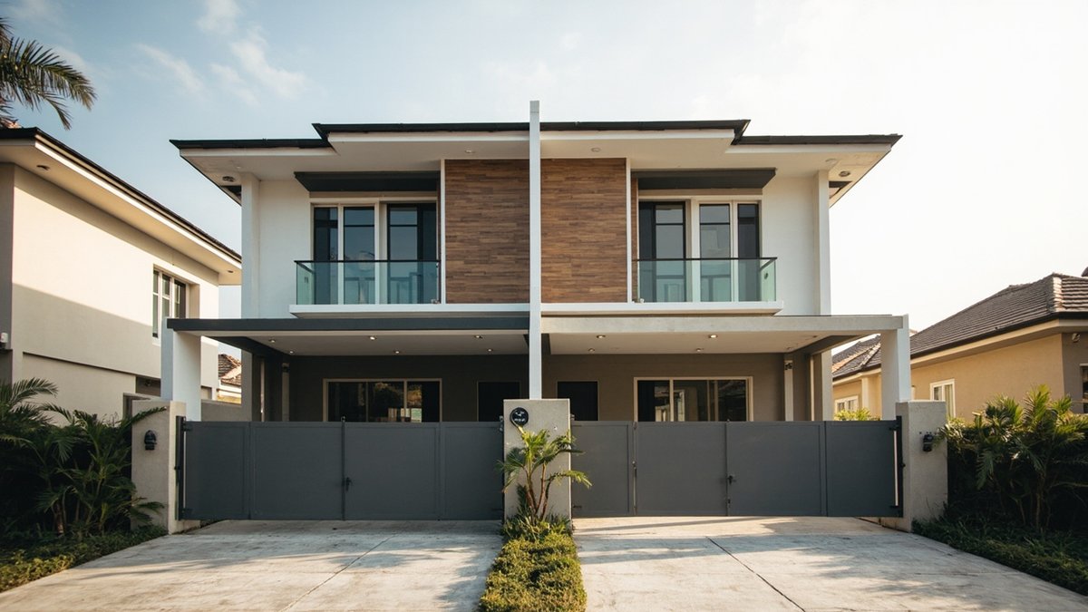 Ilustrasi konsep reka bentuk: sepasang rumah semi-D dua tingkat berwarna putih dengan panel cladding rupa kayu di tengah, balkoni kaca, bumbung porch rata dan dua pagar kelabu