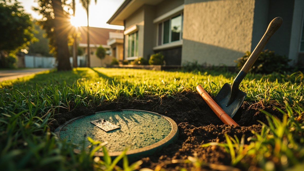 Concrete underground tank access cover in a lawn beside a terrace house, with a new pipe ready to lay