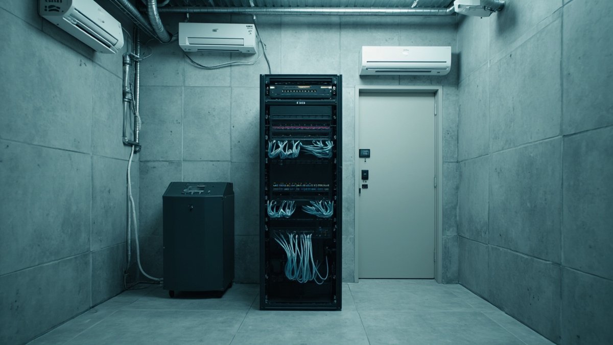 Small office comms room with a network rack, two split aircon units and a UPS
