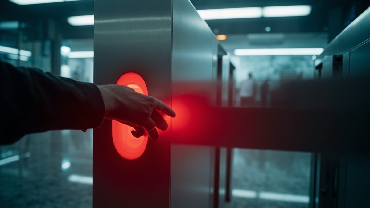 Access card reader glowing red beside a condo lobby turnstile after unpaid charges