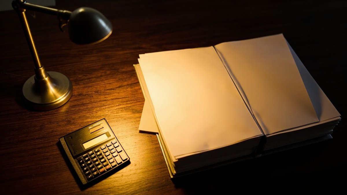 A desk with a calculator and ledger for setting the strata maintenance charge