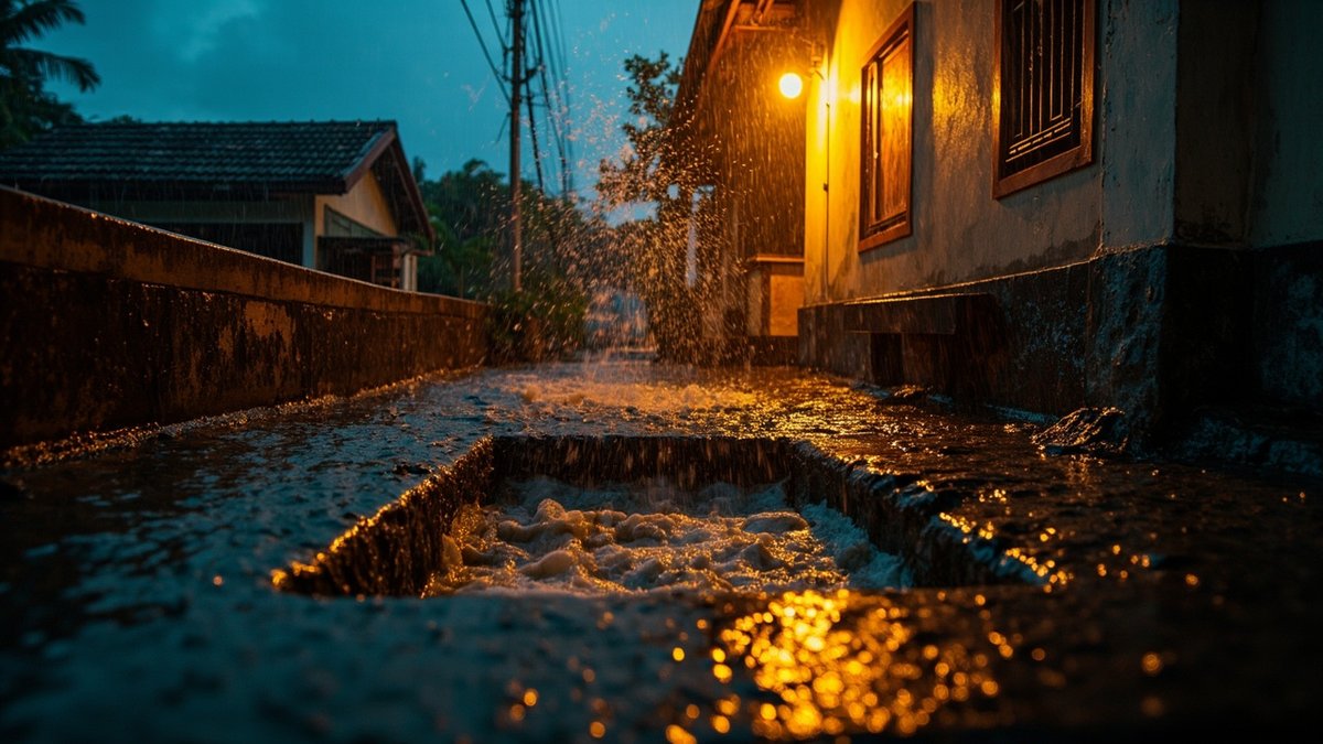 大雨中屋旁打开的污水检查井，井内积满了水