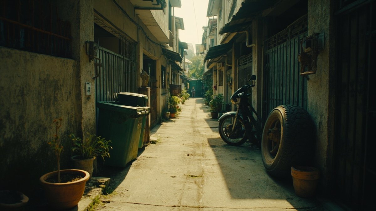 Shared driveway between two terrace houses blocked by bins, plants and a motorcycle