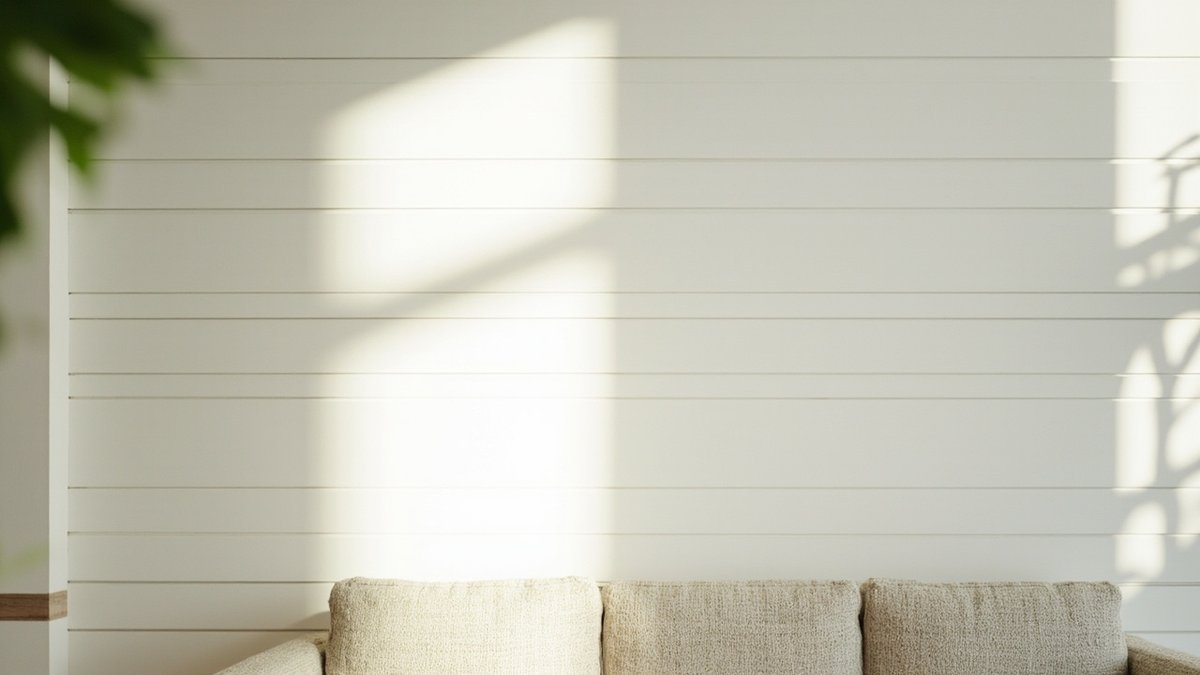 Dinding papan shiplap putih melintang di belakang sofa linen dengan garis bayang sekata