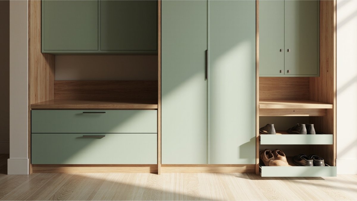 Illustrative concept design: sage green and oak shoe storage wall with a seat-height ledge, overhead cabinets and pull-out shoe trays