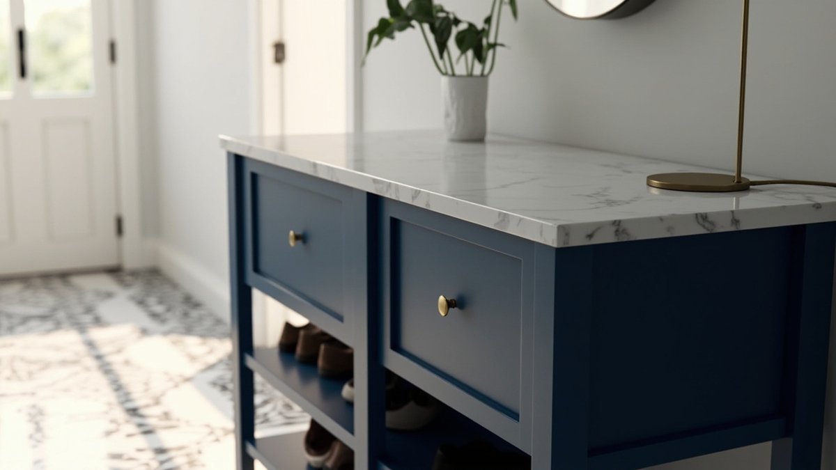 Illustrative concept design: navy shaker-style shoe console with brass knobs, a marble-look top and open shoe shelves below