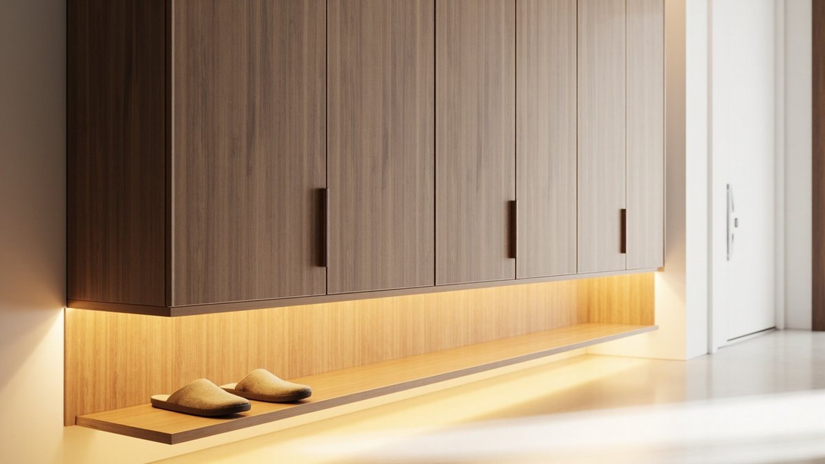 Illustrative concept design: wall-hung walnut-look shoe cabinet above a recessed oak ledge lit by a warm LED strip
