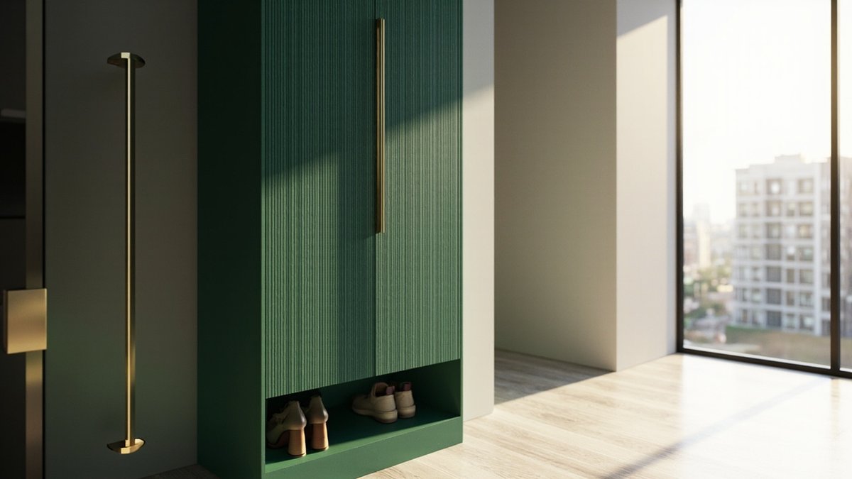 Illustrative concept design: tall forest green fluted shoe cabinet with a long brass bar pull and an open shoe niche at the base