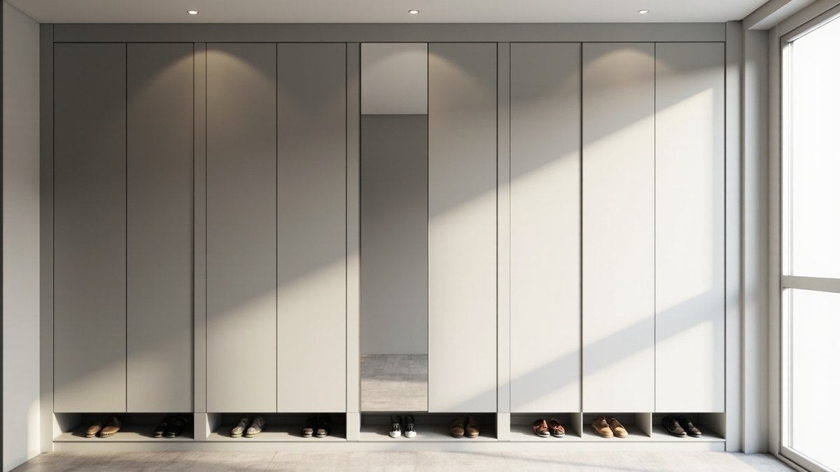 Illustrative concept design: full-height light grey shoe cabinet wall with one tall mirror door and open shoe cubbies at the base
