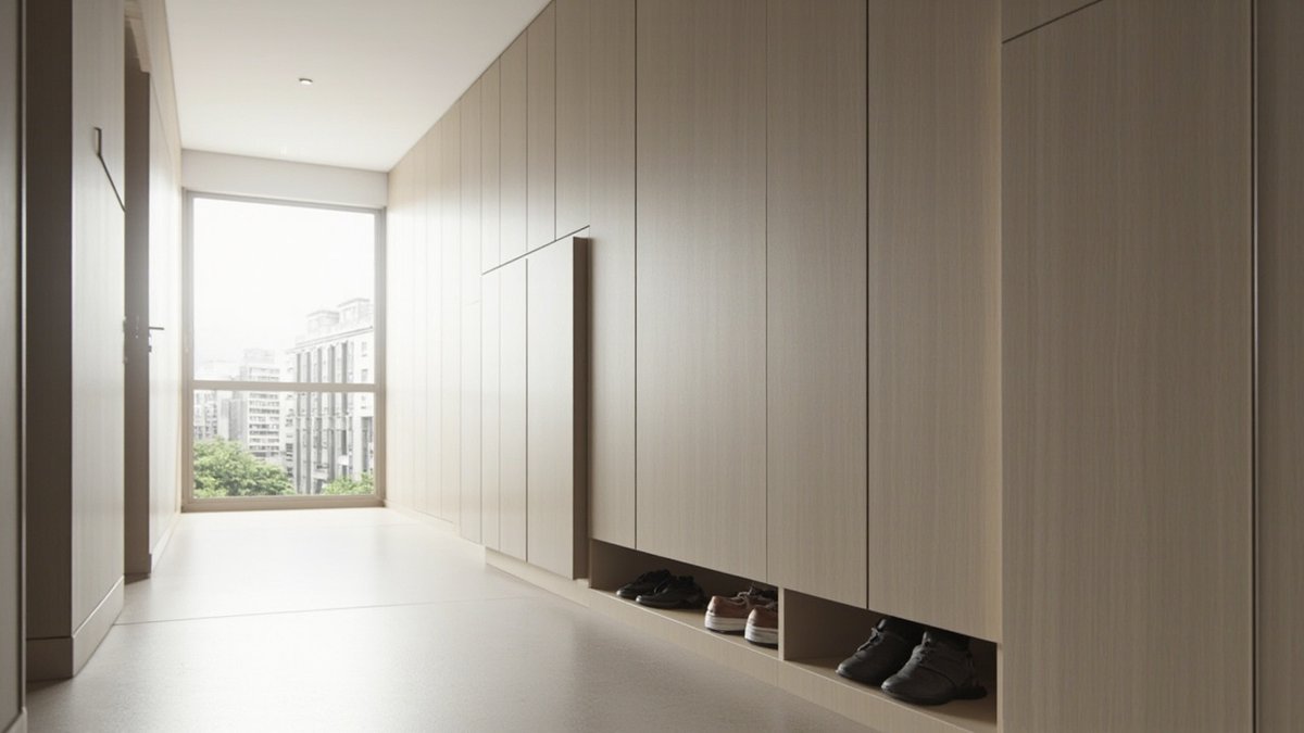 Illustrative concept design: pale wood-grain flush wall panelling with a hidden shoe cabinet door ajar and open shoe cubbies at the base