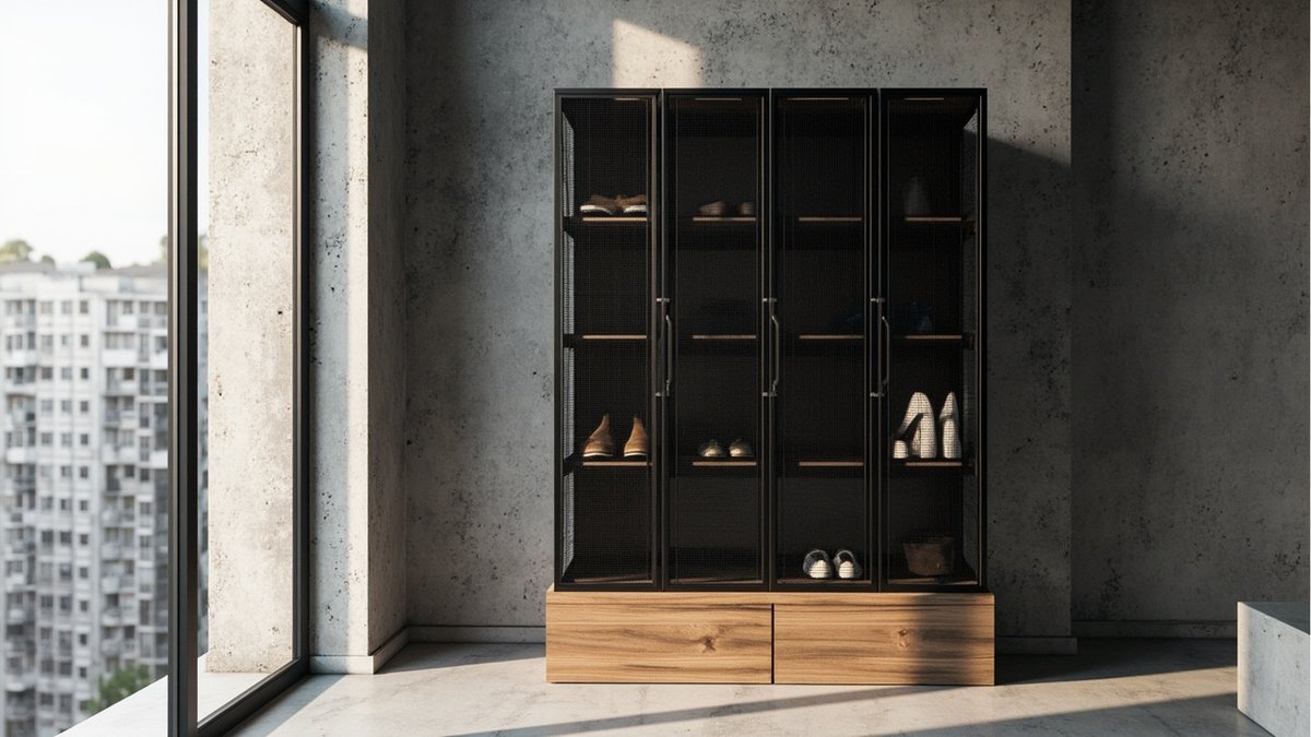 Illustrative concept design: tall black steel shoe cabinet with perforated mesh doors on an oak drawer base by a cement wall