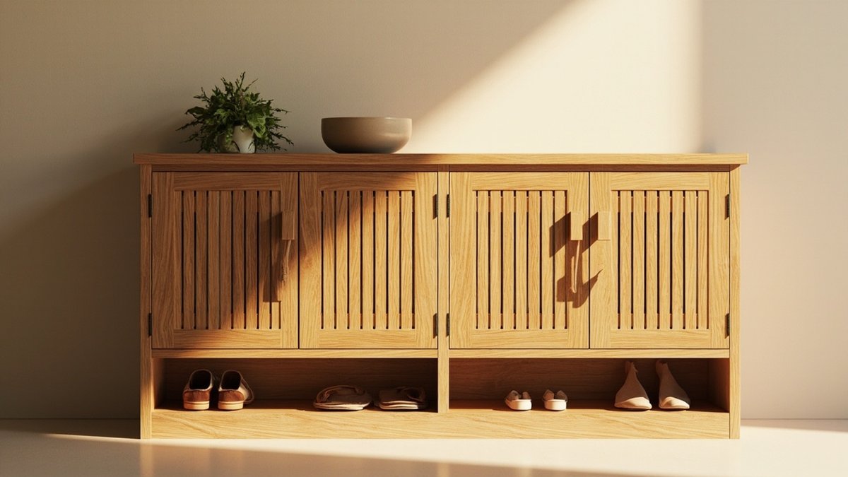Illustrative concept design: waist-height oak shoe console with vertical slatted doors and an open shelf of slippers below